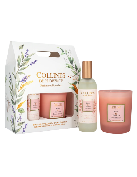 Coffret Bougie 180 g & Parfum d’Intérieur – Rose & Hibiscus – Collines de Provence