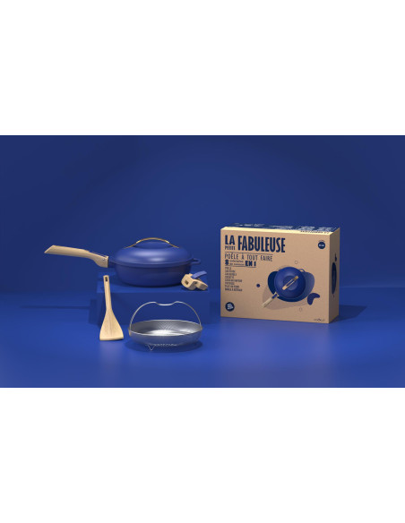 La Fabuleuse Poêle 8 en 1 – 28 cm – Bleu Saphir – Cookut – Ustensile Multifonction Tous Feux & Four