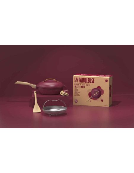 La Fabuleuse Poêle 8 en 1 – 28 cm – Rouge Rubis – Cookut – Ustensile Multifonction Tous Feux & Four