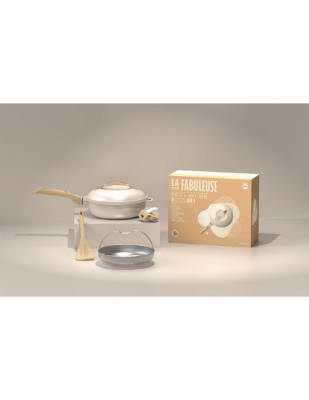 La Fabuleuse Poêle 8 en 1 – 28 cm – Blanc Meringue – Cookut – Ustensile Multifonction Tous Feux & Four