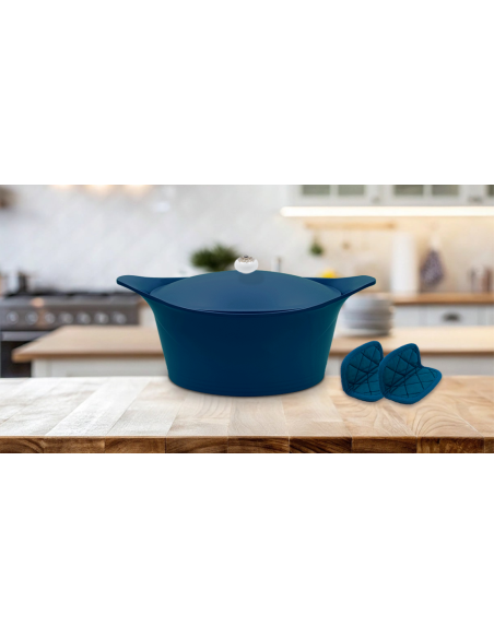 Incroyable Cocotte 28 cm Myrtille – Poignée orientale bleu/blanc + Manique – Cookut