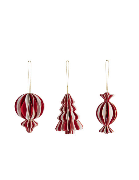 Assortiment 3 Suspensions Noël Papier Blanc Rouge – Bonbon, Montgolfière & Arbre – Small