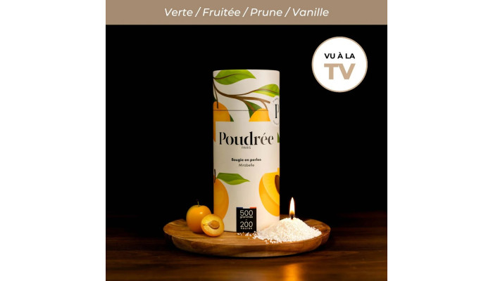 bougie perles parfumée mirabelle, bougie en perles Poudrée Paris, bougie parfumée made in France, parfum intérieur mirabelle