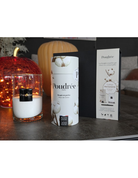 COFFRET POUDRÉE PERMANENTE - FLEUR DE COTON - Bougie en perles + Cylindre + Briquet – Poudrée Paris