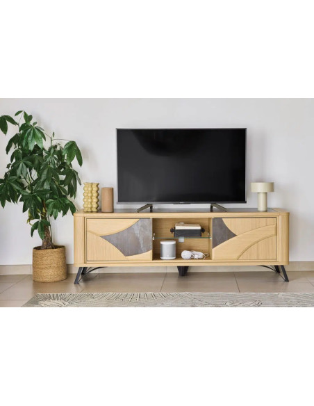 RIVIERA - Meuble TV Hifi 175 cm céramique Dekton® et bois contemporain