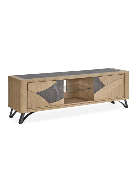 RIVIERA - Meuble TV Hifi 175 cm céramique Dekton® et bois contemporain
