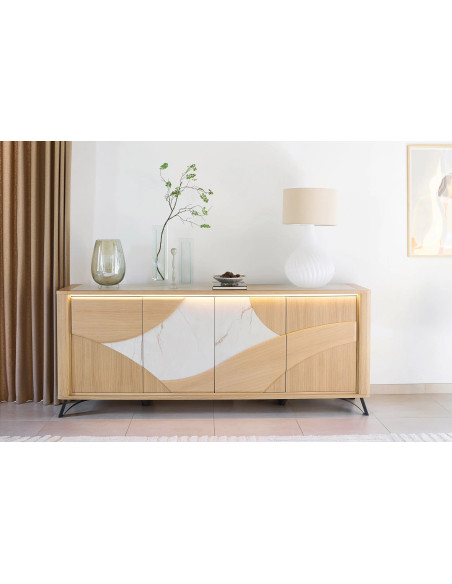 RIVIERA - Enfilade 4 portes 230 cm céramique Dekton® et bois contemporain