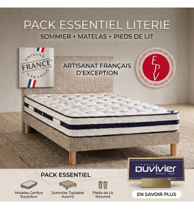 PACK ESSENTIEL - Ensemble literie 160 x 200 cm avec matelas, sommier tapissier et pieds fabriqué en France