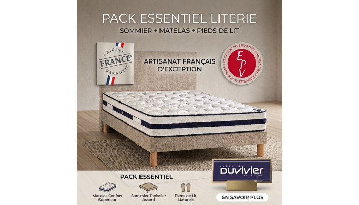 PACK ESSENTIEL - Ensemble literie 160 x 200 cm avec matelas, sommier tapissier et pieds fabriqué en France