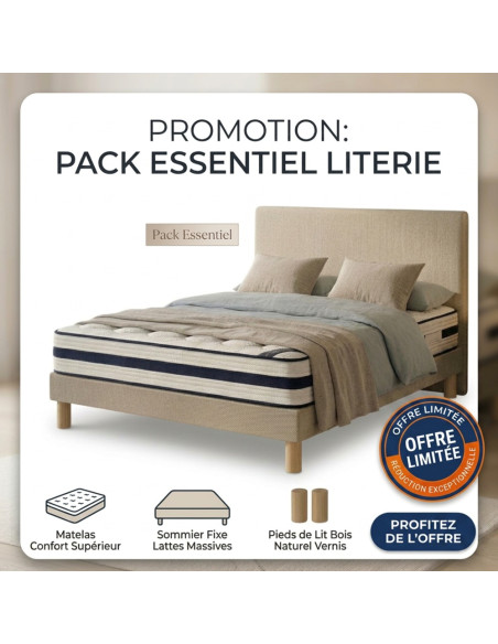 PACK ESSENTIEL - Ensemble literie 160 x 200 cm avec matelas, sommier tapissier et pieds fabriqué en France