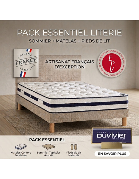 PACK ESSENTIEL - Ensemble literie 160 x 200 cm avec matelas, sommier tapissier et pieds fabriqué en France