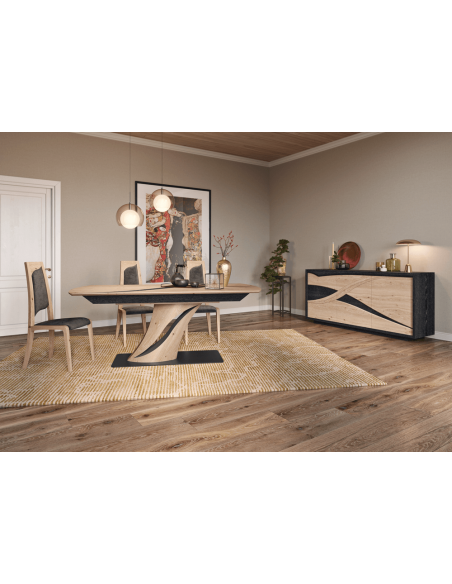 FLORA - Table de séjour pied central 2 allonges de 45 cm