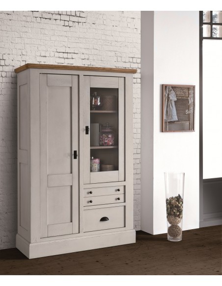 CANTIQUE - Vitrine 1 porte vitrée 1 porte bois et 2 tiroirs