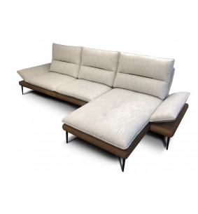 POEME - Canapé 3 places avec chaise longue en cuir et tissu