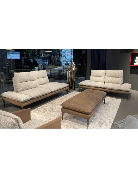 POEME - Canapé 3 places avec chaise longue en cuir et tissu