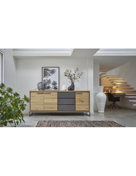 LINEA - Enfilade 4 portes bois et béton - 1 tiroir 