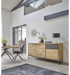 LINEA - Enfilade 190 cm portes bois et béton - 1 tiroir 