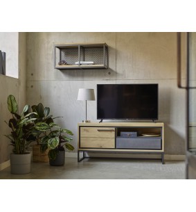LINEA - Meuble tv 1 porte bois - 1 tiroir béton - 1 niche 