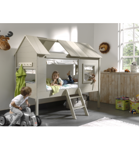 JUNIOR - Lit cabane bi-couleur (90x200), un sommier enroulable et des rideau 