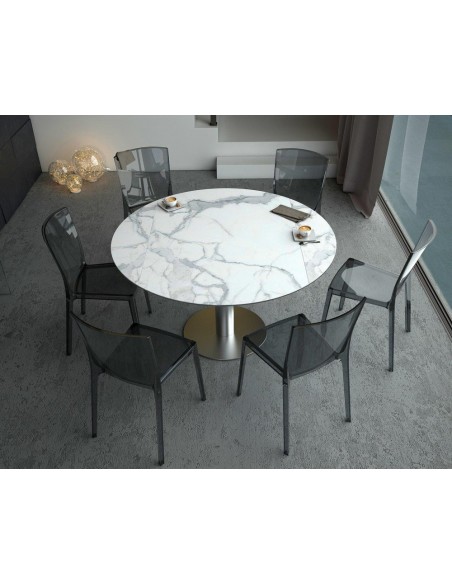 UNA - Table de repas extensible deux allonges intégrées pied central acier inox brossé