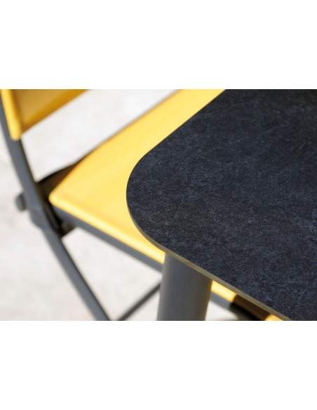 Ensemble table Dublin 200/250/300 cm, plateau Trespa® + 6 chaises pliantes jaune et gris