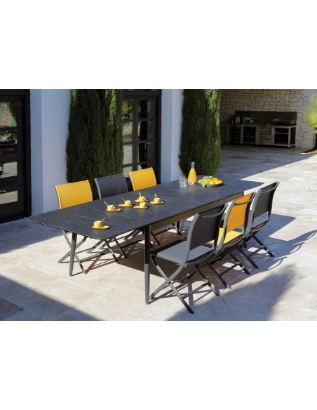 Ensemble table Dublin 200/250/300 cm, plateau Trespa® + 6 chaises pliantes jaune et gris