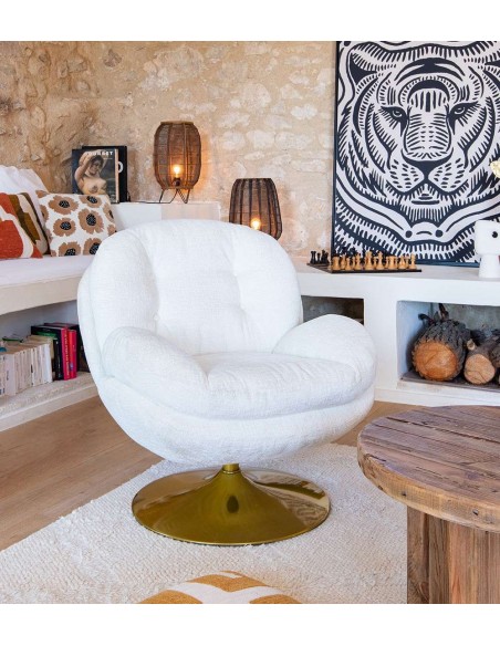 MEMENTO - Fauteuil moelleux blanc pied pivotant or