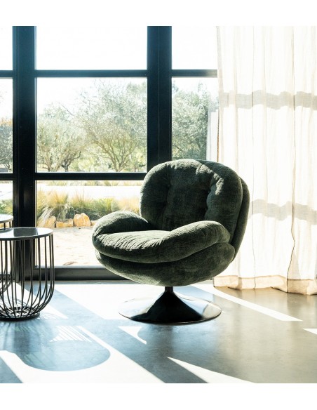 MEMENTO - Fauteuil moelleux kaki pied pivotant noir