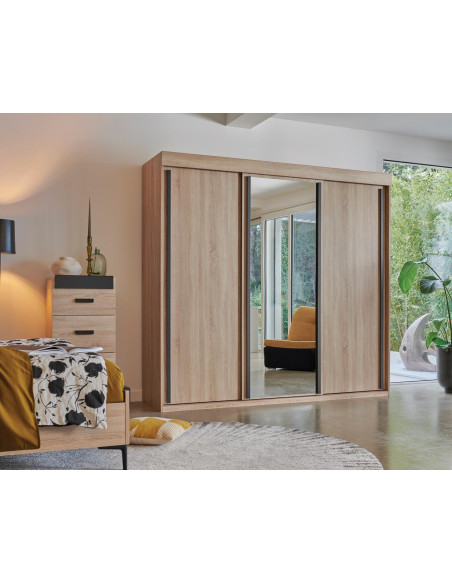 FIRST - Armoire 2 portes bois et 1 porte miroir coulissantes