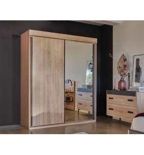 FIRST - Armoire 1 porte bois et 1 porte miroir coulissantes