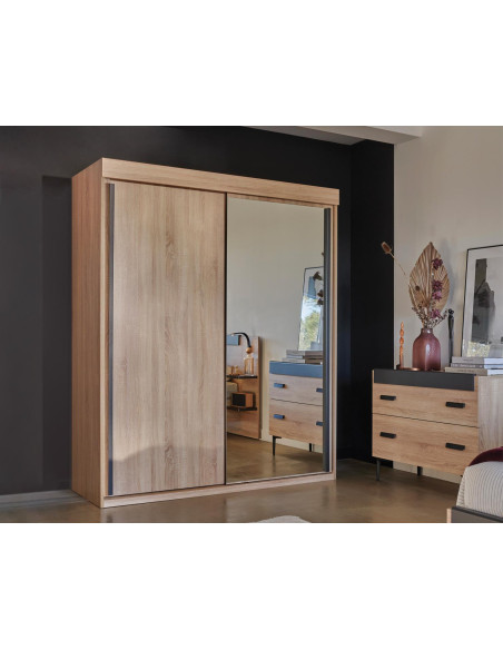 FIRST - Armoire 1 porte bois et 1 porte miroir coulissantes