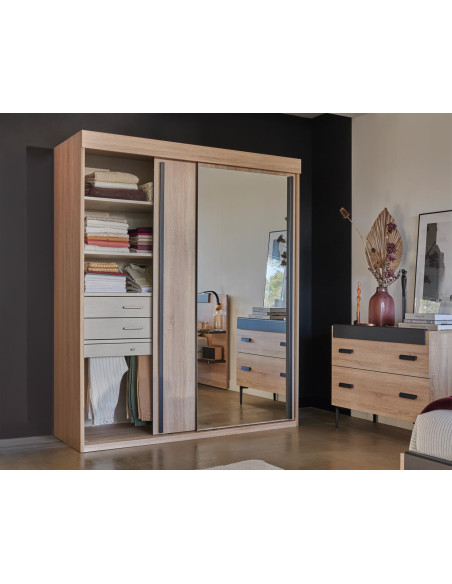 FIRST - Armoire 1 porte bois et 1 porte miroir coulissantes