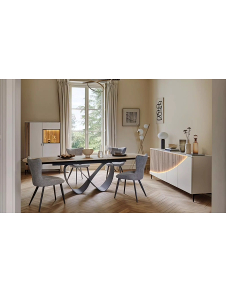 TOPAZE - Table salle à manger céramique chêne doré blanc pied ruban