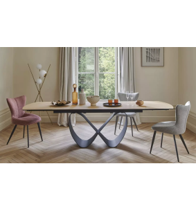 TOPAZE - Table salle à manger céramique chêne doré blanc pied ruban