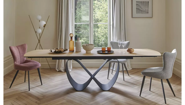 TOPAZE - Table salle à manger céramique chêne doré blanc pied ruban