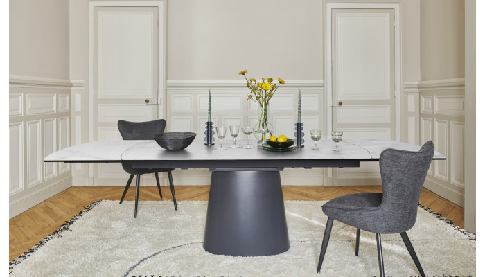 TOPAZE - Table salle à manger céramique marbre blanc pied conique