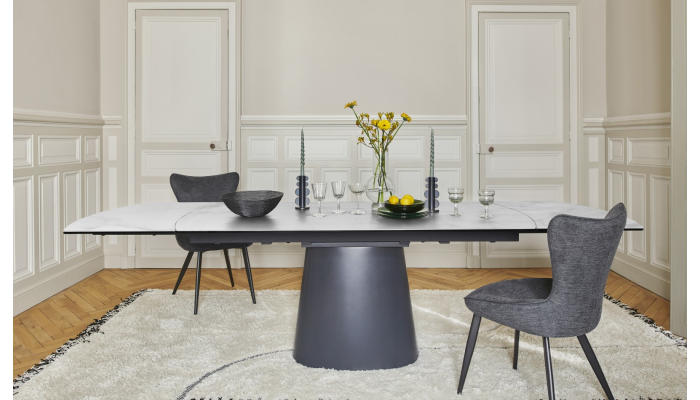TOPAZE - Table salle à manger céramique marbre blanc pied conique