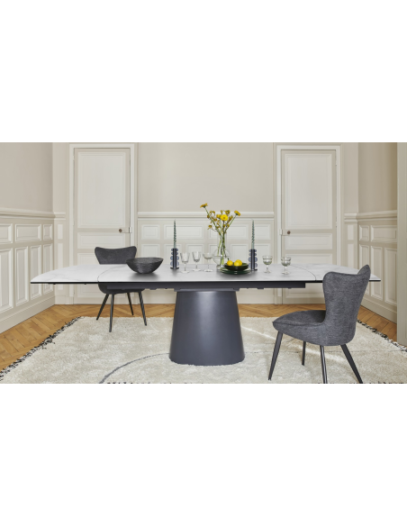 TOPAZE - Table salle à manger céramique marbre blanc pied conique