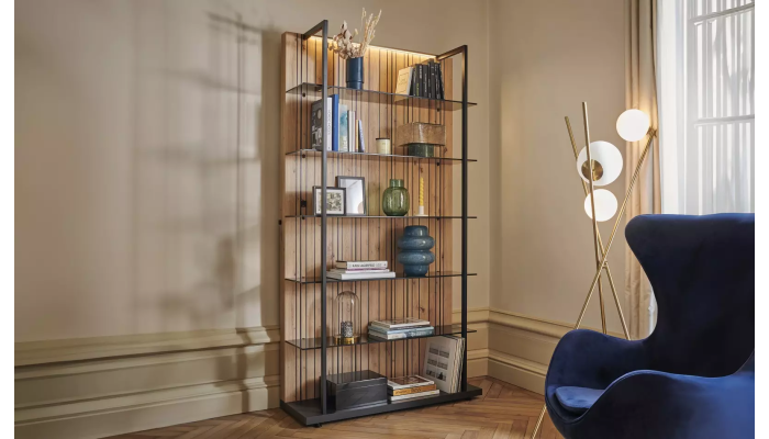 TOPAZE - Bibliothèque bois et métal avec étagères en verre