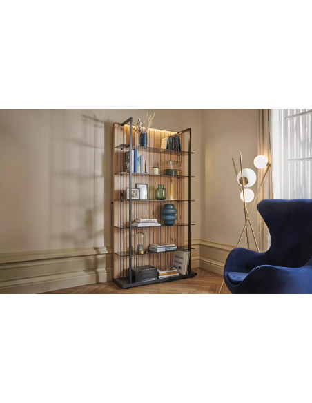 TOPAZE - Bibliothèque bois et métal avec étagères en verre