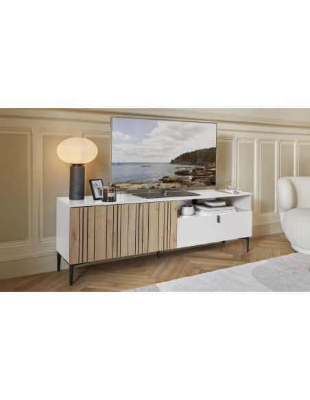 TOPAZE - Meuble TV L.170 2 portes battantes et 1 abattant craie