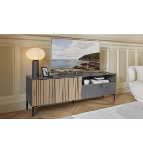 TOPAZE - Meuble TV L.170 2 portes battantes et 1 abattant carbone