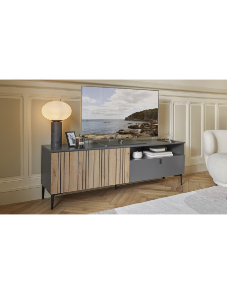 TOPAZE - Meuble TV L.170 2 portes battantes et 1 abattant carbone