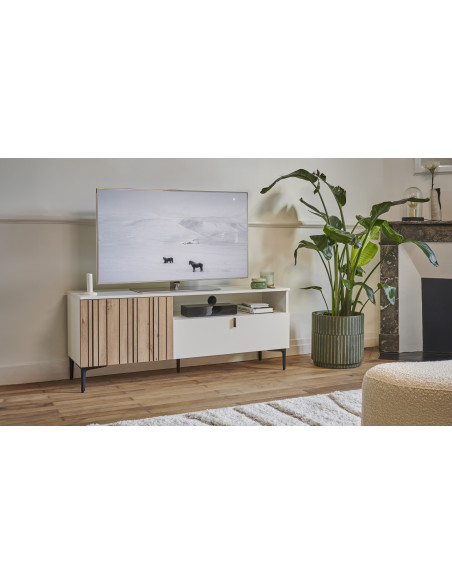 TOPAZE - Meuble TV L.140 1 porte battante et 1 abattant craie
