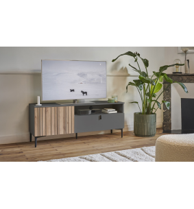 TOPAZE - Meuble TV L.170 2 portes battantes et 1 abattant carbone