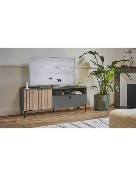 TOPAZE - Meuble TV L.170 2 portes battantes et 1 abattant carbone