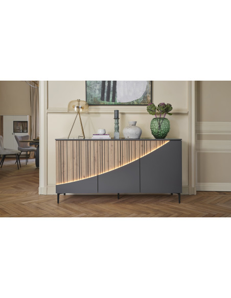 TOPAZE - Buffet 3 portes laqué largeur 170 cm carbone