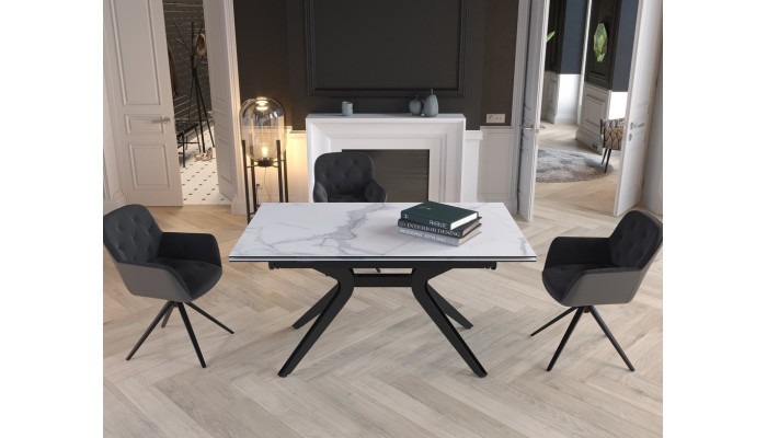 ATTRAIT - Table 2 allonges rétractables marbre blanc mat