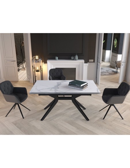 ATTRAIT - Table 2 allonges rétractables marbre blanc mat
