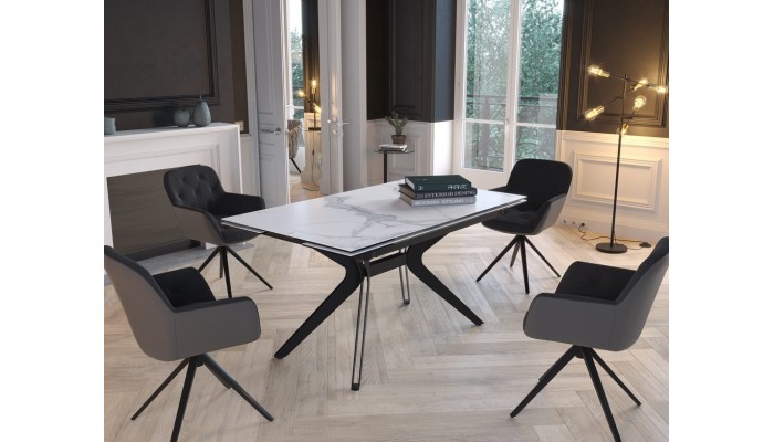 ATTRAIT - Table 2 allonges rétractables marbre blanc mat